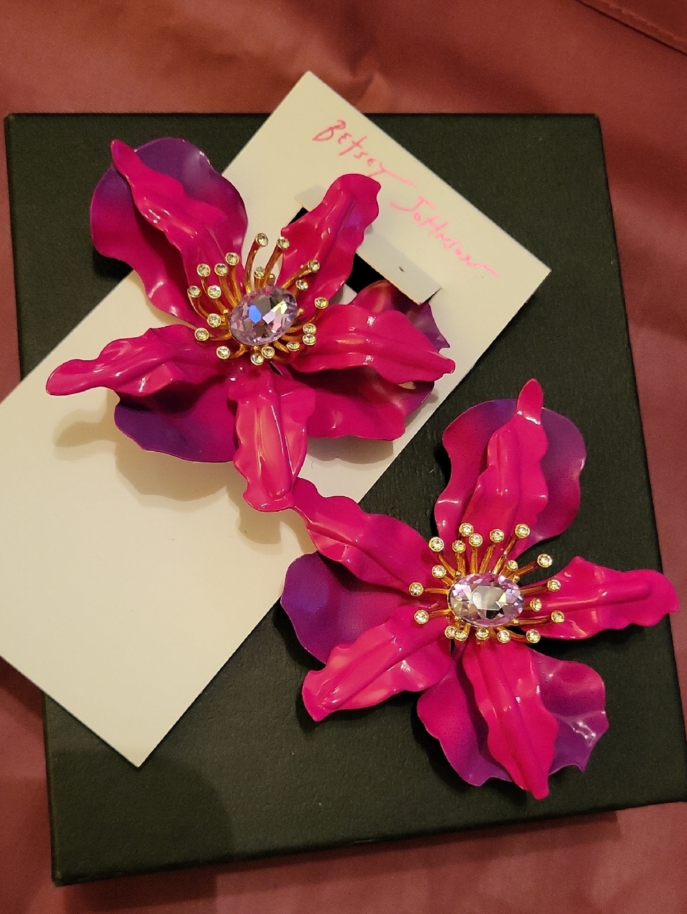Betsey Johnson Orchid  Hot Pink & Purple Layered Flower Earrings Brand New Ti
